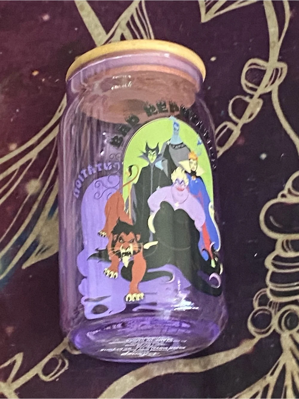 Disney Villains Glass Tumbler Cup With Wood Lid 16oz Bad Reputation 5.5”H